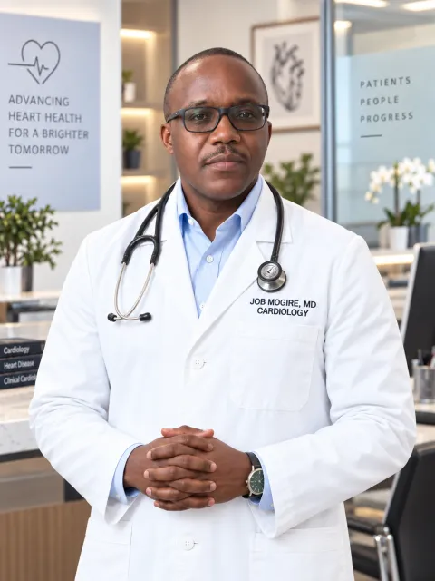 Dr. Job Mogire in a white cardiology coat with a stethoscope